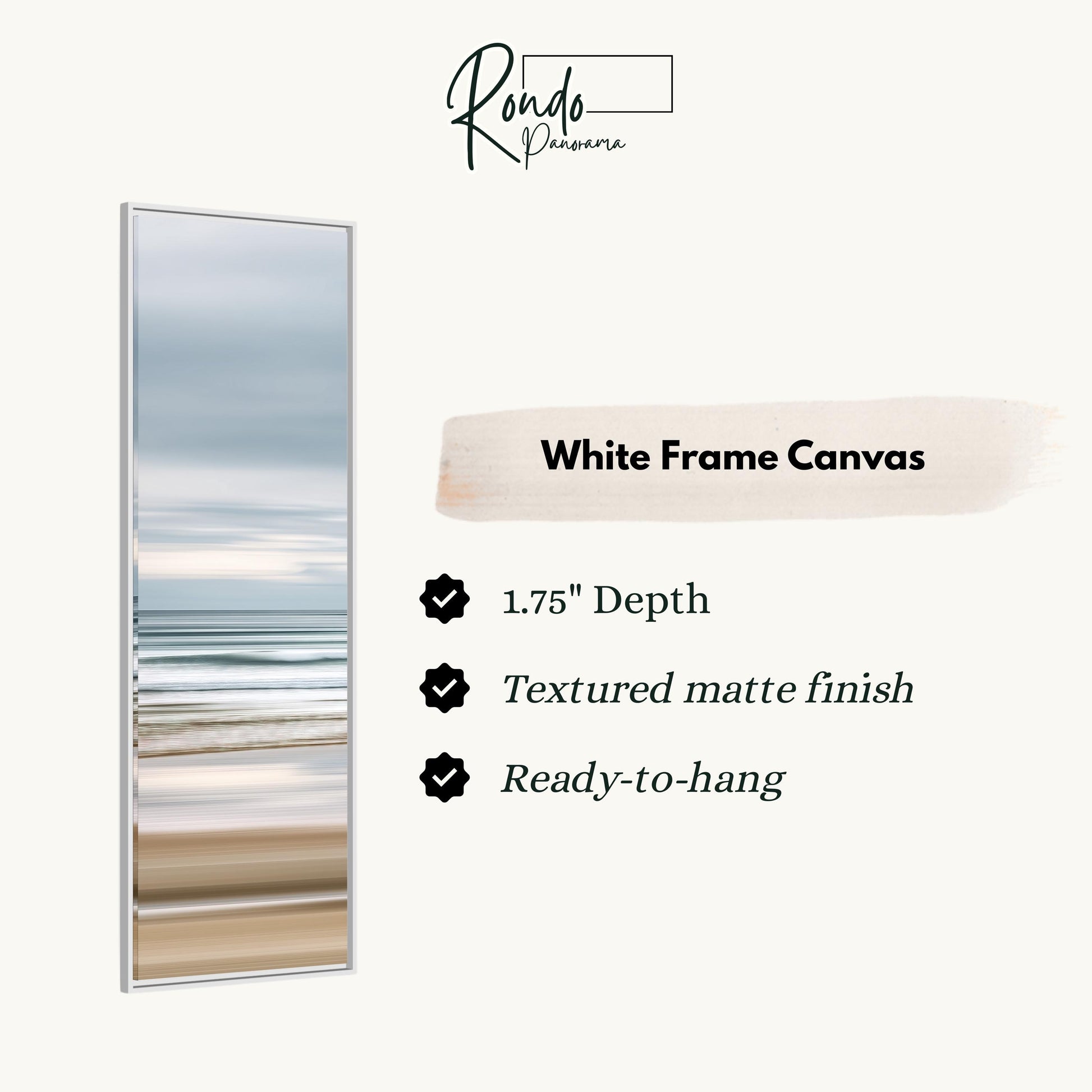 The image is a product description for a white frame canvas. It features a vertical image of a beach scene with a textured finish and a 1.75" depth. The canvas is ready to hang and has a textured matte finish.