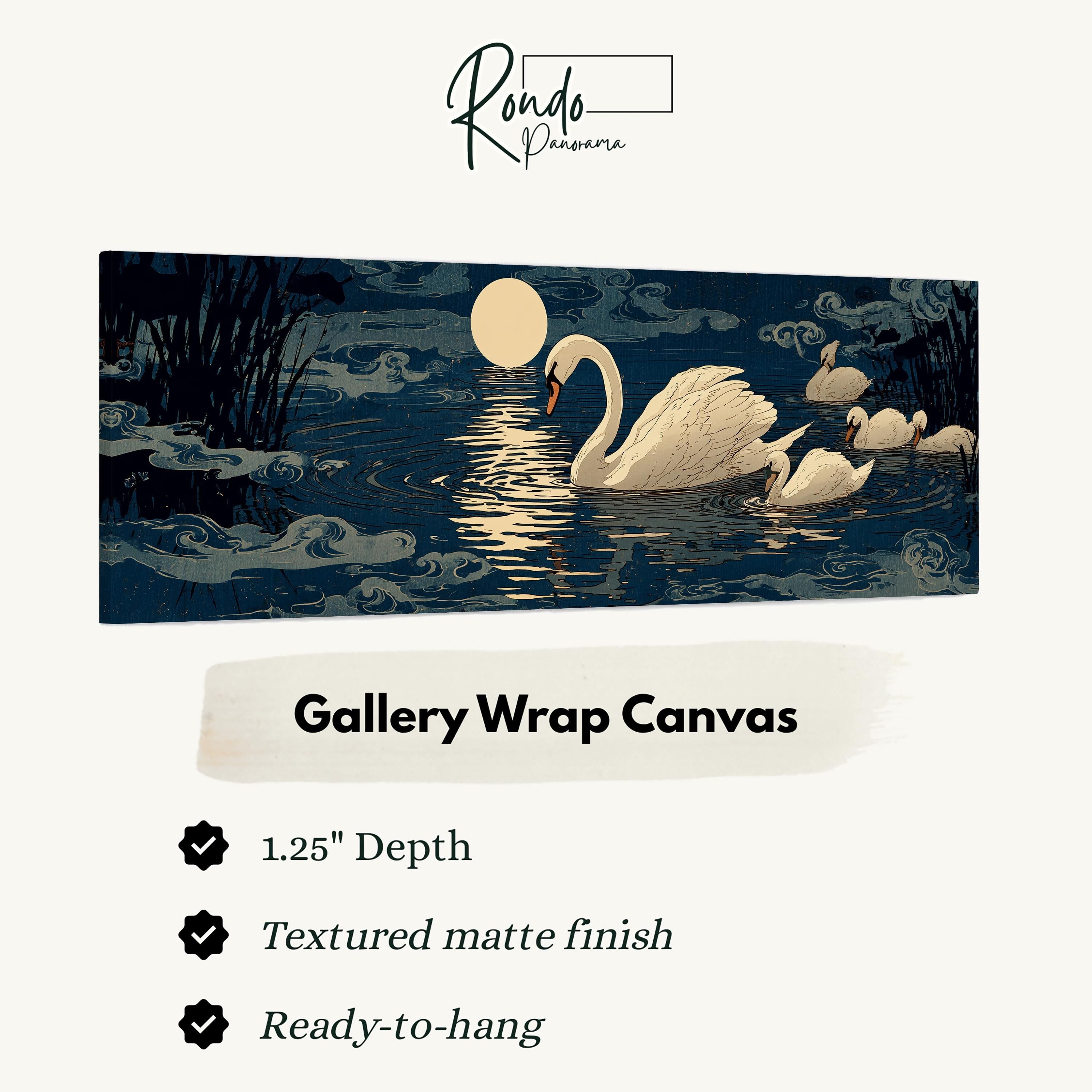 A large canvas featuring a serene scene of swans swimming in a pond at night, with a full moon in the background.