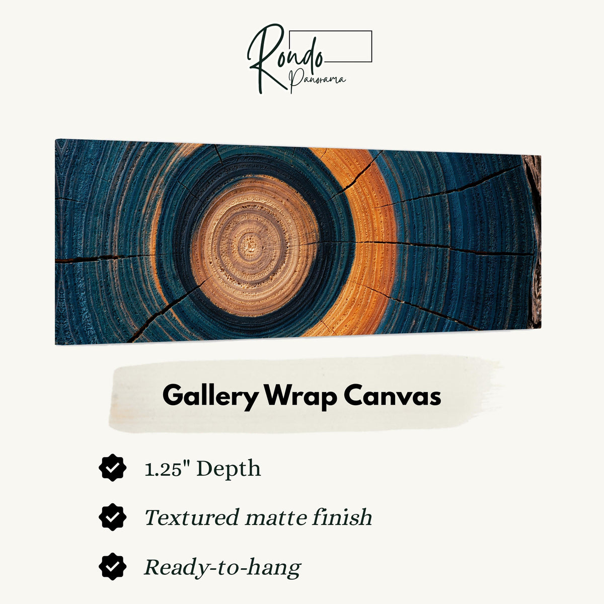 Teal and orange tree ring gallery wrap canvas with the image wrapped around the edges