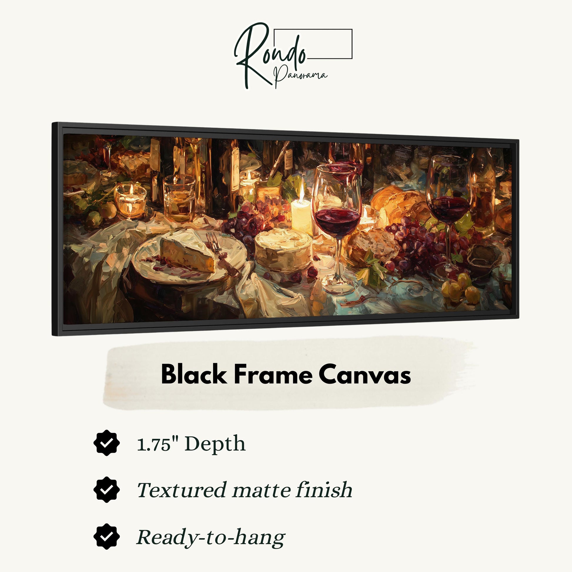 The image is a black frame canvas depicting a table set with food and wine, with a focus on the wine glasses and the overall ambiance of a meal or gathering.