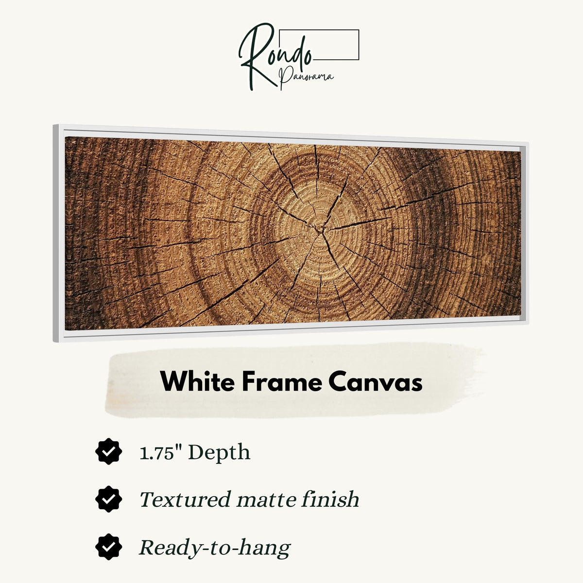 Warm oak wood ring canvas print in a white floating frame