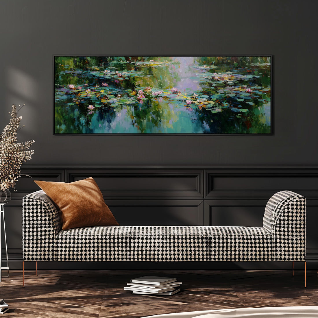 a large painting of a pond with lily pads hanging on a wall above a black and white checkered sofa.
