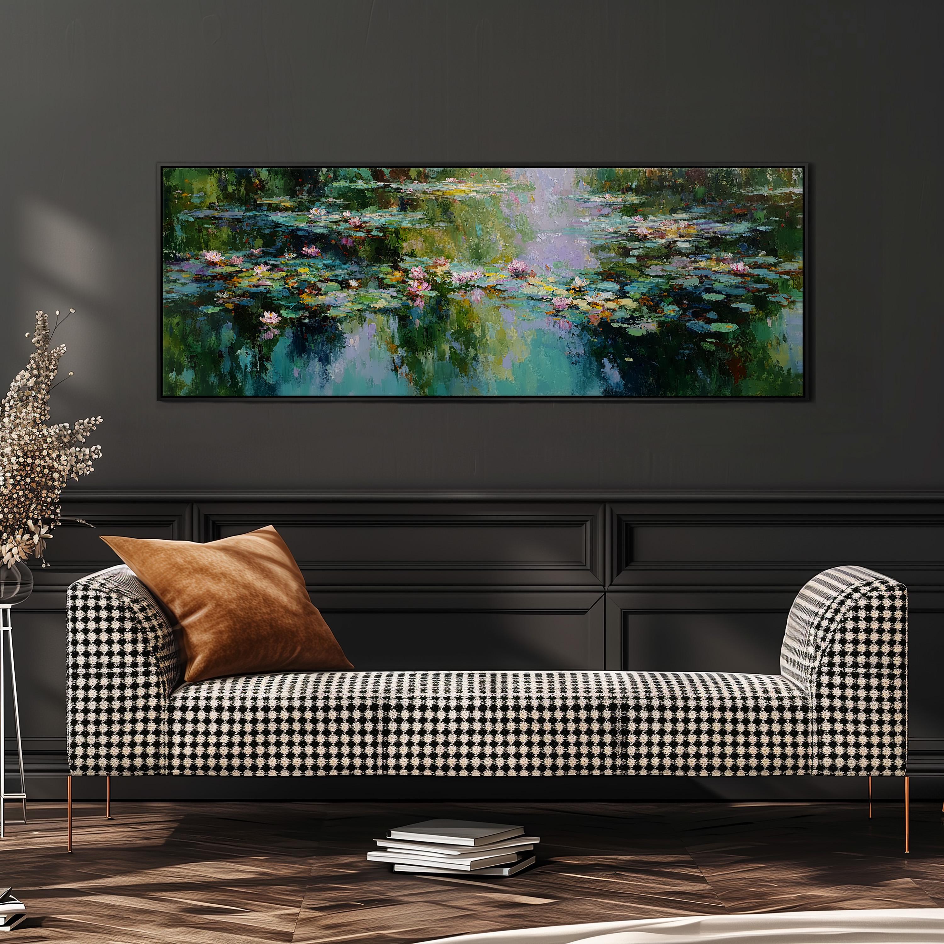 a large painting of a pond with lily pads hanging on a wall above a black and white checkered sofa.