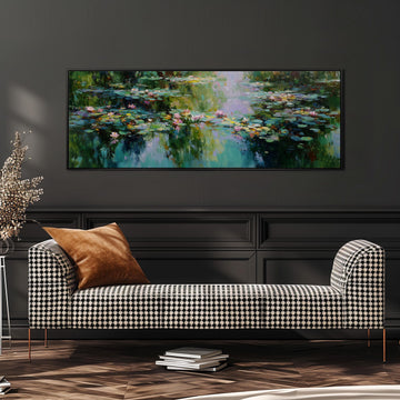a large painting of a pond with lily pads hanging on a wall above a black and white checkered sofa.