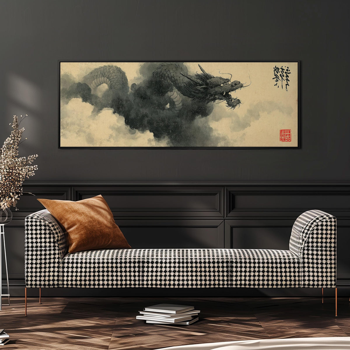 Storm dragon emerging from ink clouds long horizontal canvas print displayed on a wall