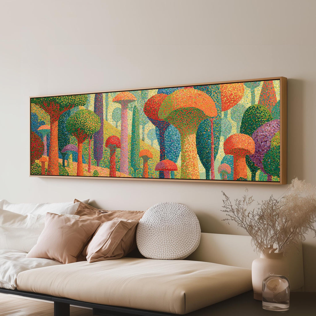 Teal mushroom woodland long horizontal canvas print above a sofa in a living room