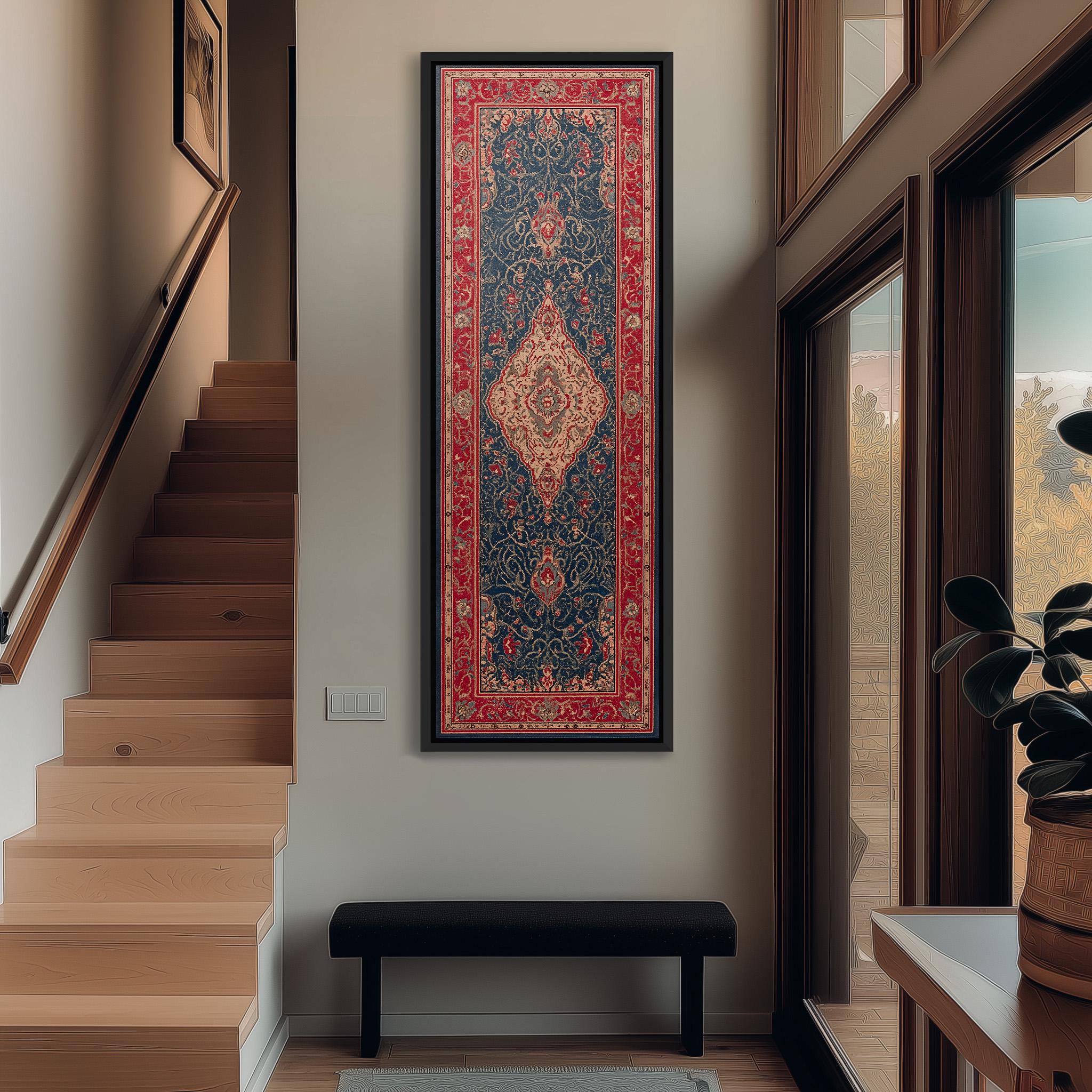 a hallway with a large, ornate rug hanging on the wall, a wooden staircase, a black bench, and a window with a plant on the sill.
