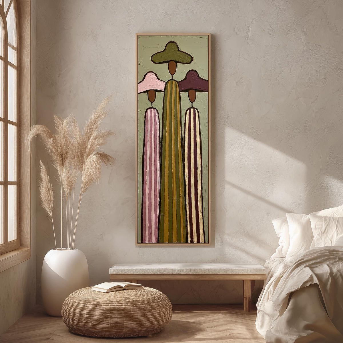 Three tall striped figures in wide hats long vertical canvas print in a bright reading corner