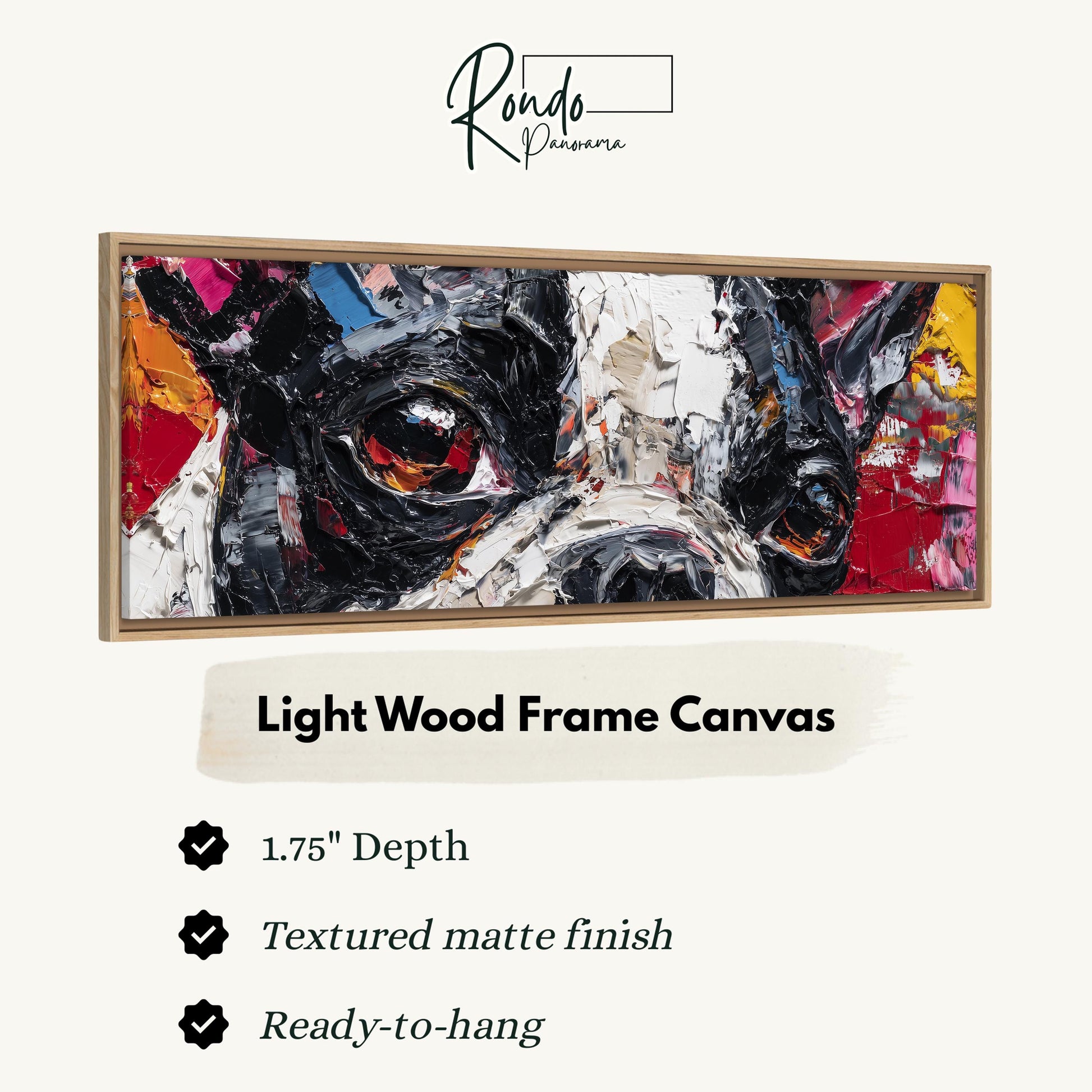 The image is a close-up of a large, colorful painting of a dog's face, with a light wood frame.