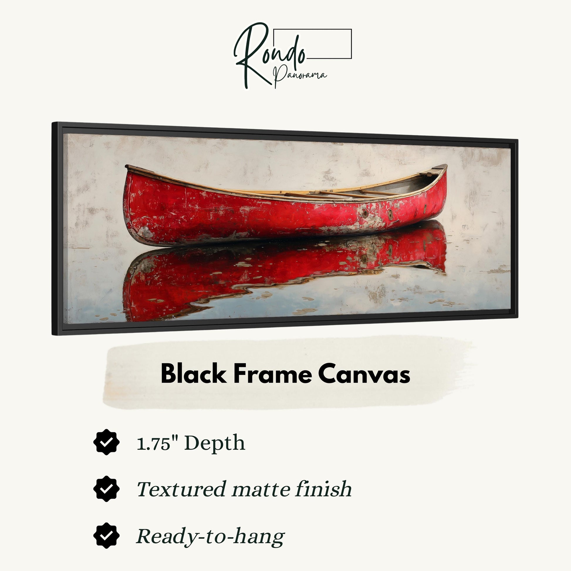 a black frame canvas with a close-up of a red canoe on a reflective surface.