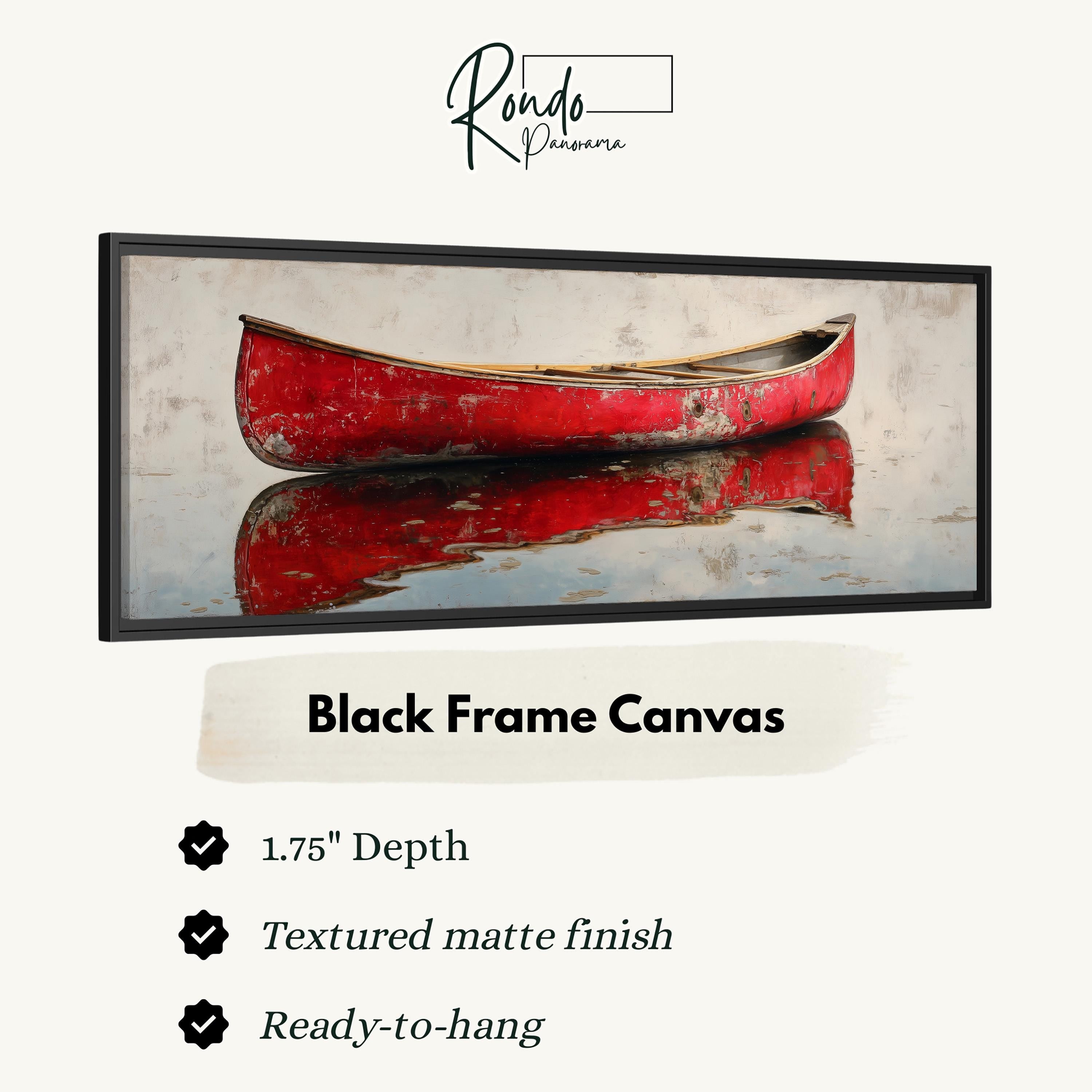 a black frame canvas with a close-up of a red canoe on a reflective surface.