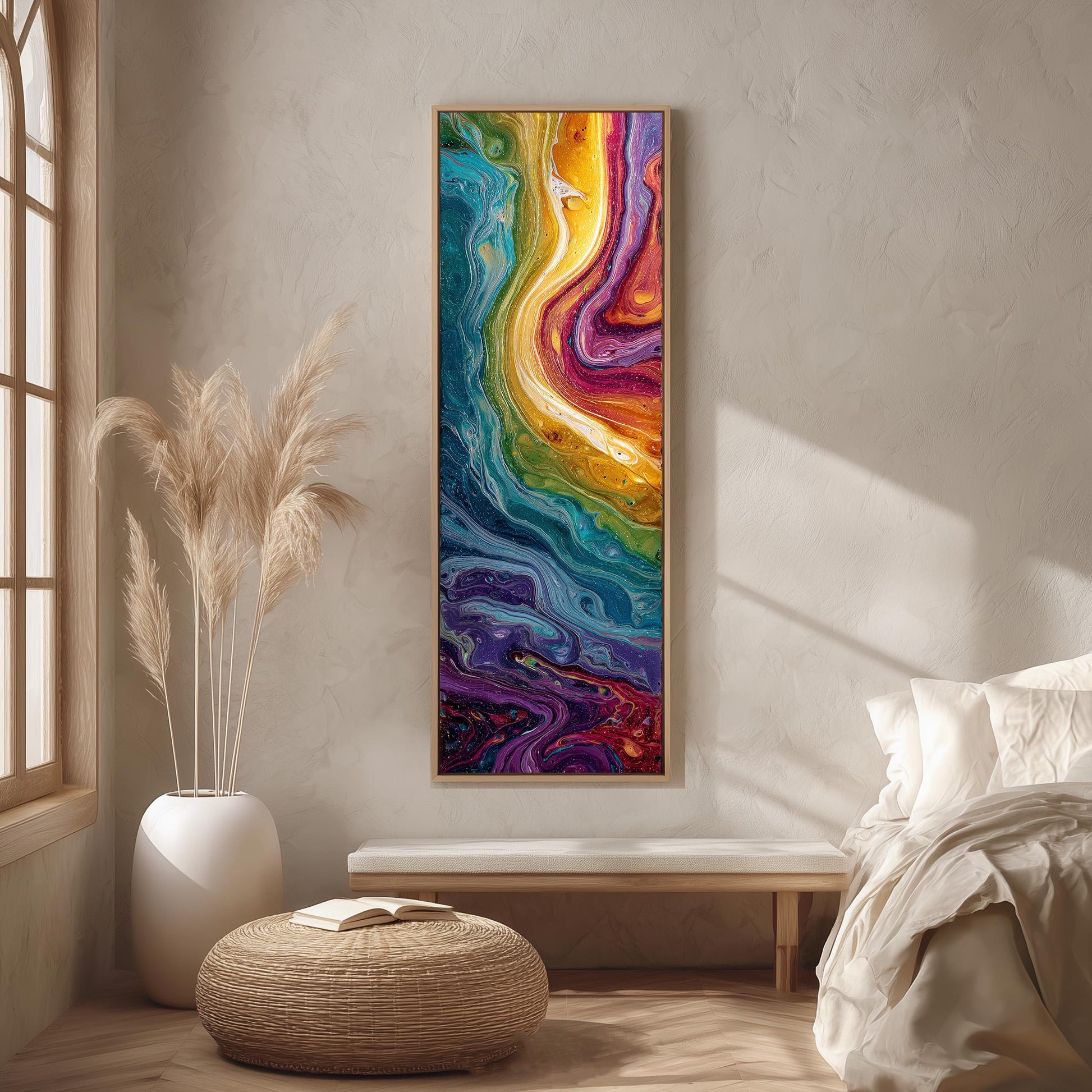 a vibrant abstract painting hanging on a wall, with a large window and a white bench in the foreground.