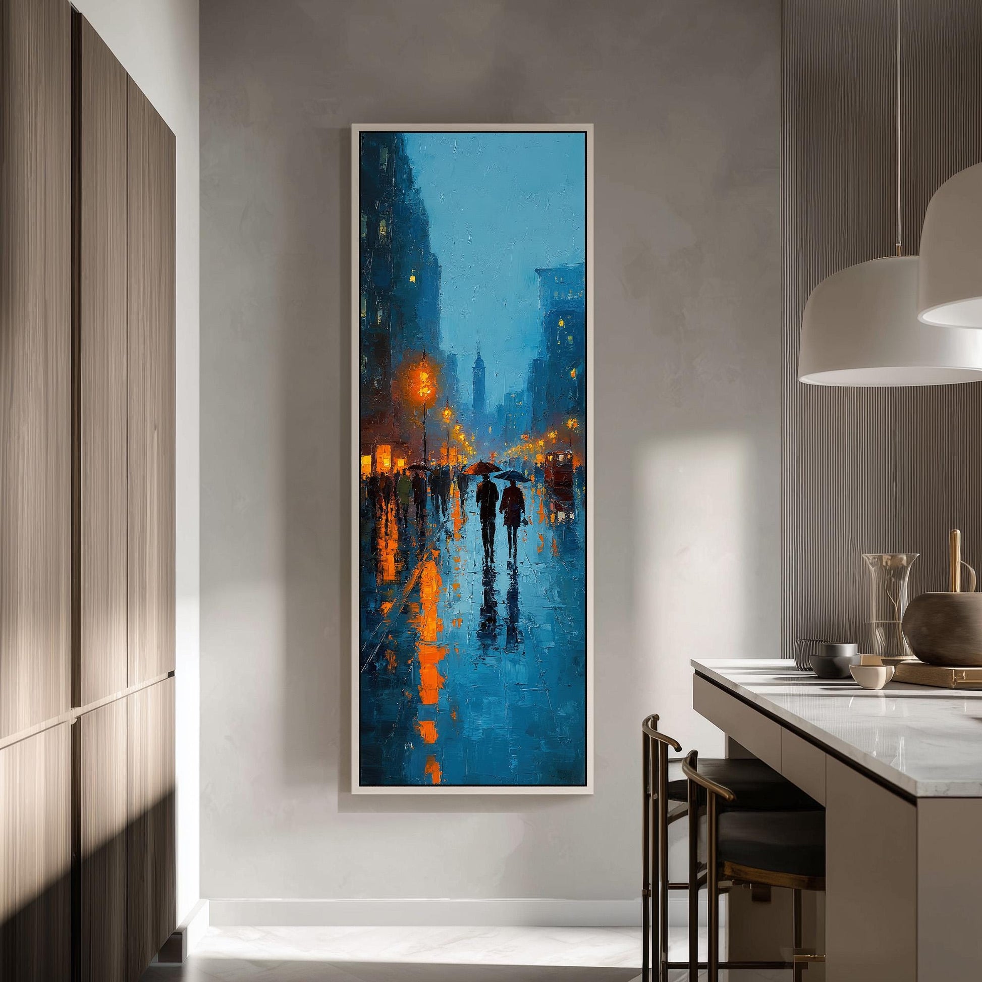 a large painting of a rainy city street scene with people walking under umbrellas, set against a backdrop of tall buildings and illuminated by streetlights.