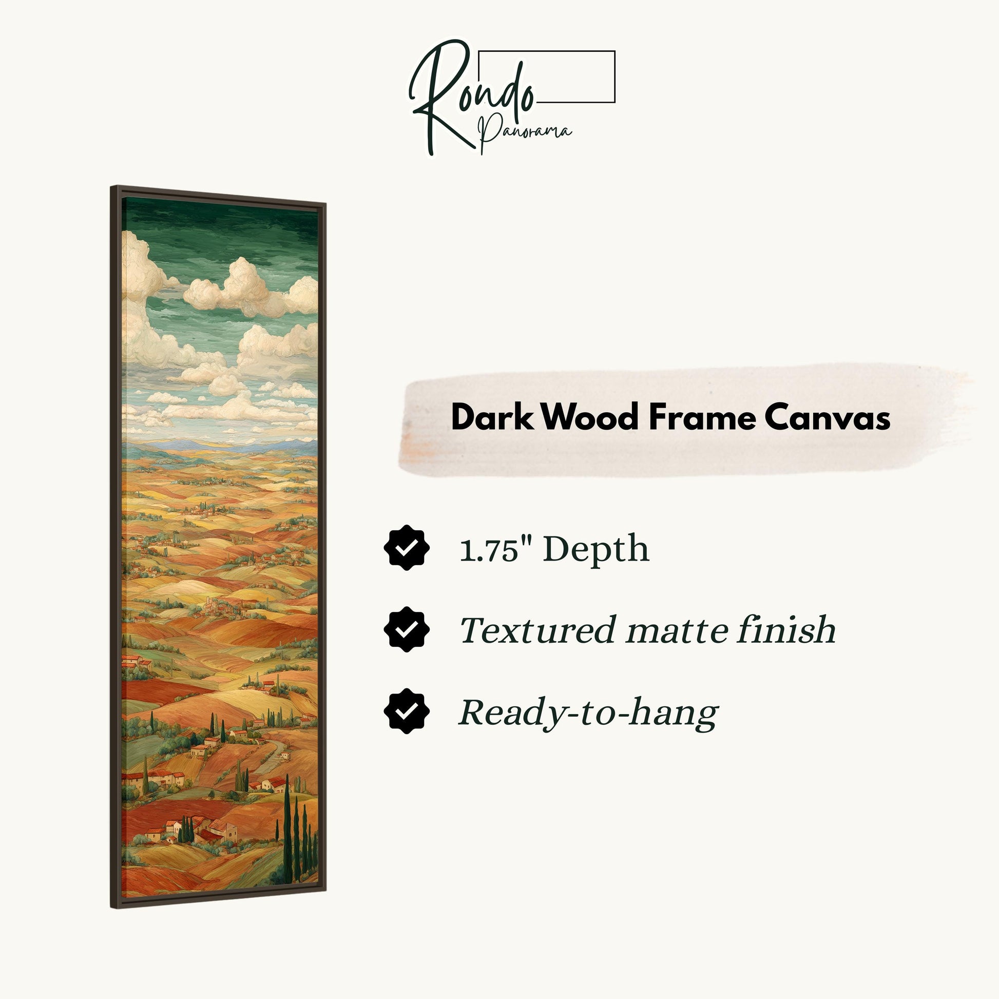 The image is a rectangular dark wood frame canvas depicting a landscape with rolling hills and a cloudy sky.