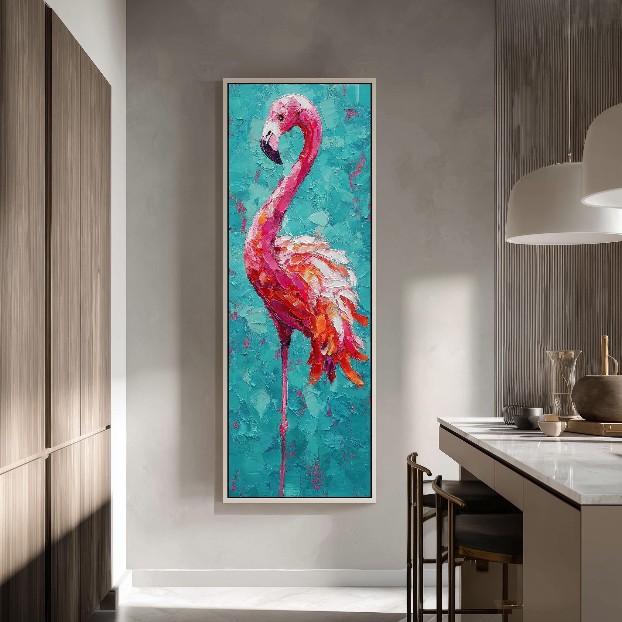 a large, vibrant painting of a flamingo in a blue and green background, hanging on a wall in a modern kitchen.