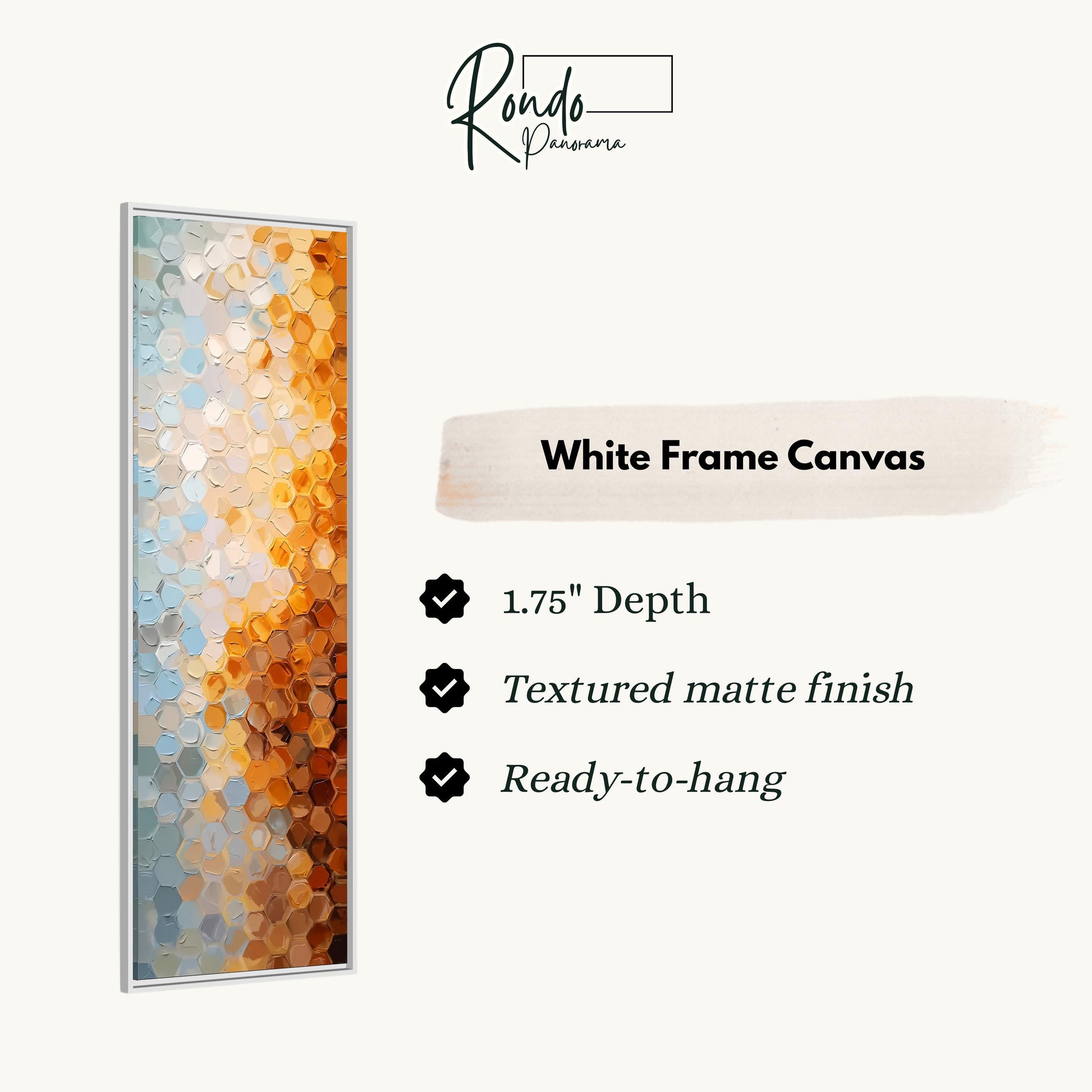 The image is a white frame canvas with a textured finish, and it is described as having a 1.75" depth, a textured matte finish, and is ready to hang.
