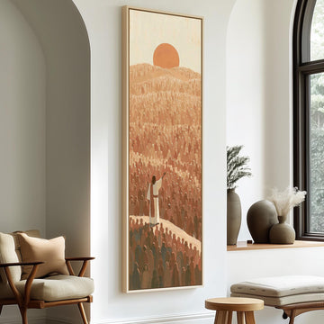 Jesus facing a crowd under a desert sunset long vertical canvas print in a sunlit living space