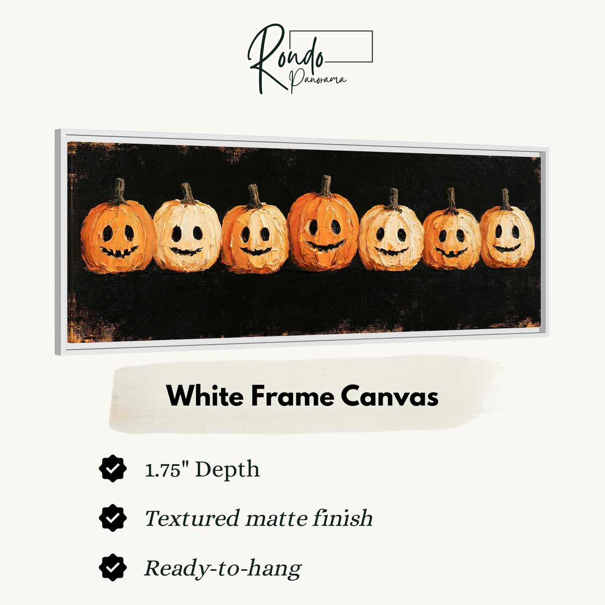 Row of smiling jack-o'-lanterns canvas print in a white floating frame