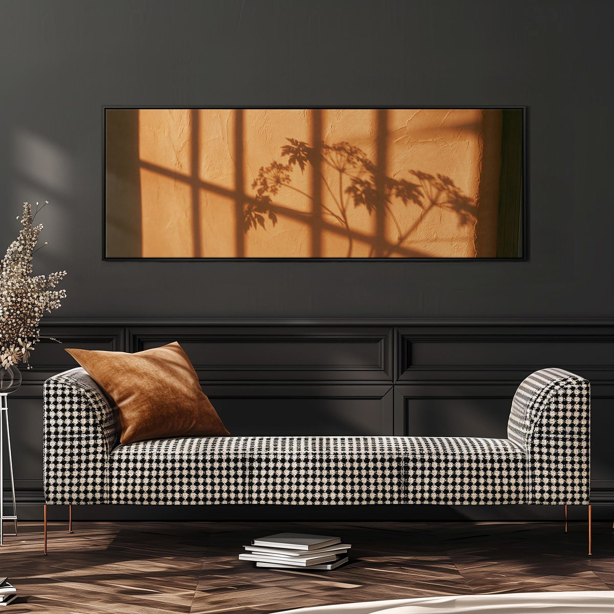 Plant and window shadows on a terracotta wall wide panoramic canvas print above a bench in a dark living room