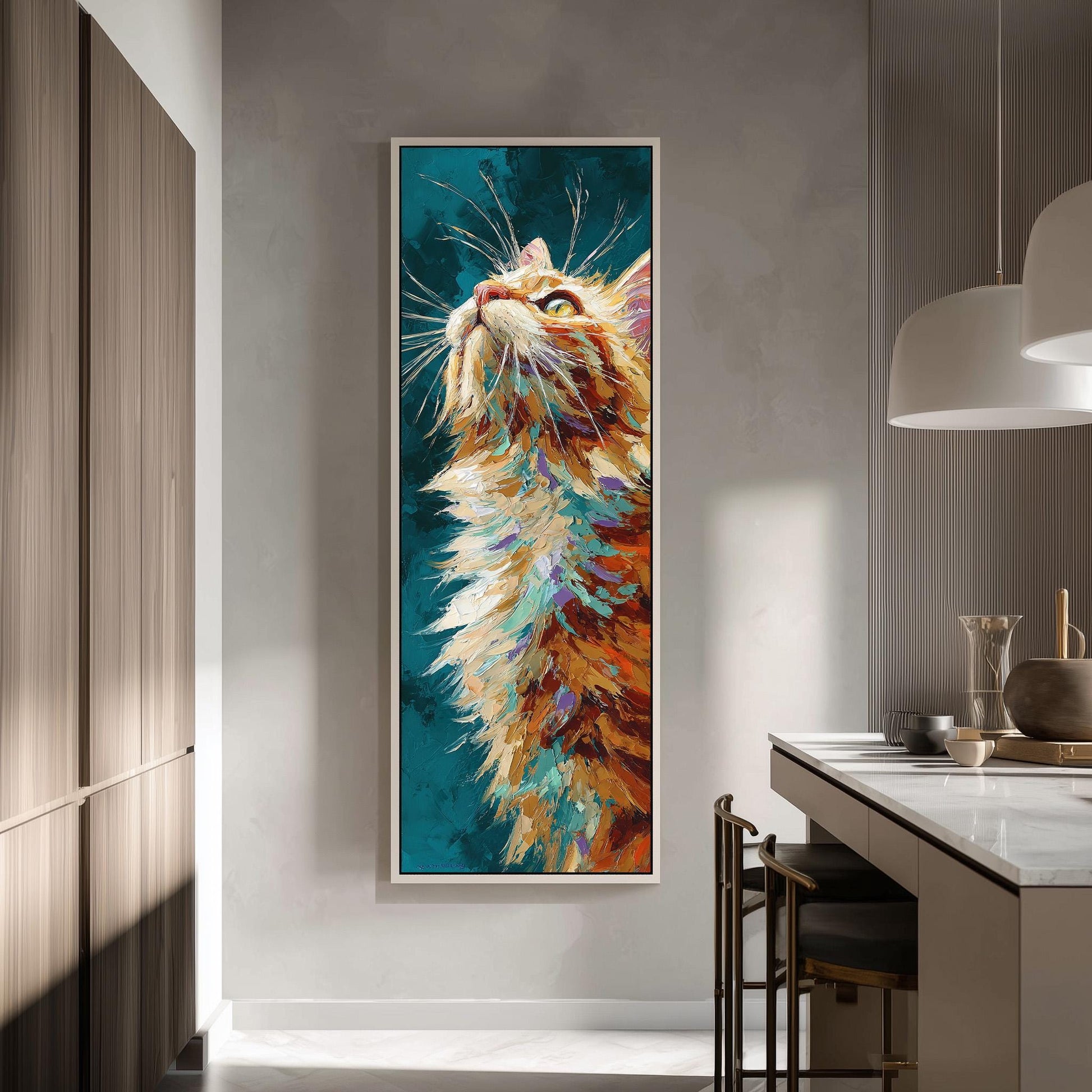 a large, colorful painting of a cat's face hanging on a wall in a modern kitchen.
