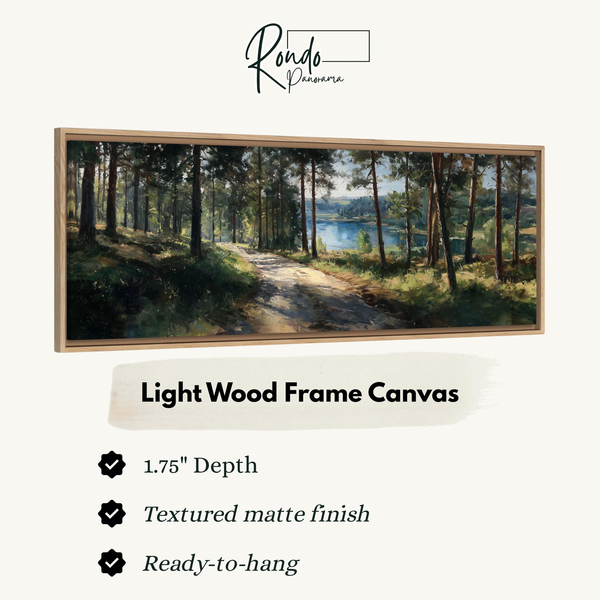 The image is a light wood frame canvas depicting a forest scene with a path leading through the trees.