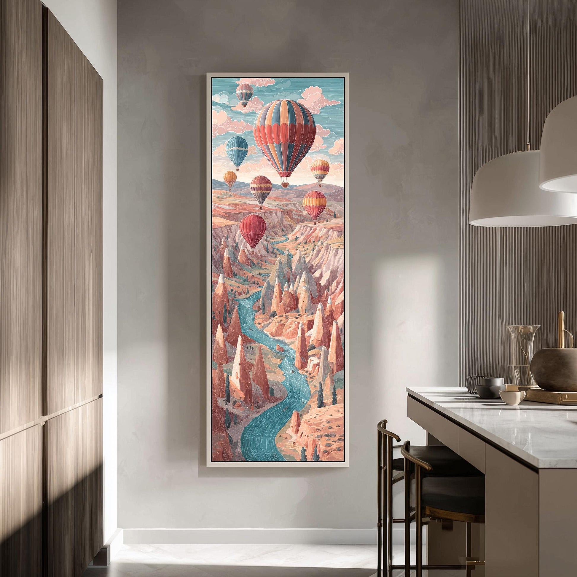 a large, colorful painting of a hot air balloon scene hanging on a wall in a modern kitchen.