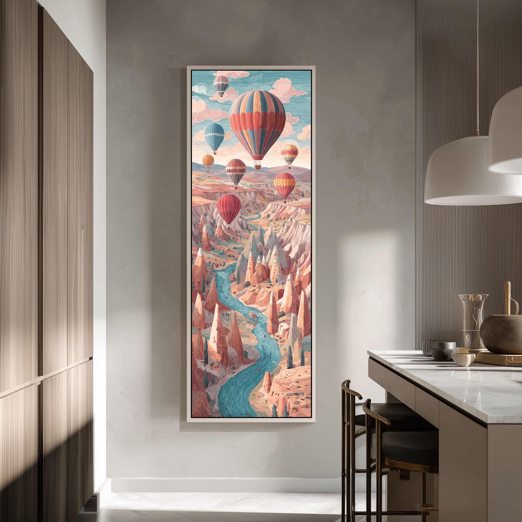 a large, colorful painting of a hot air balloon scene hanging on a wall in a modern kitchen.