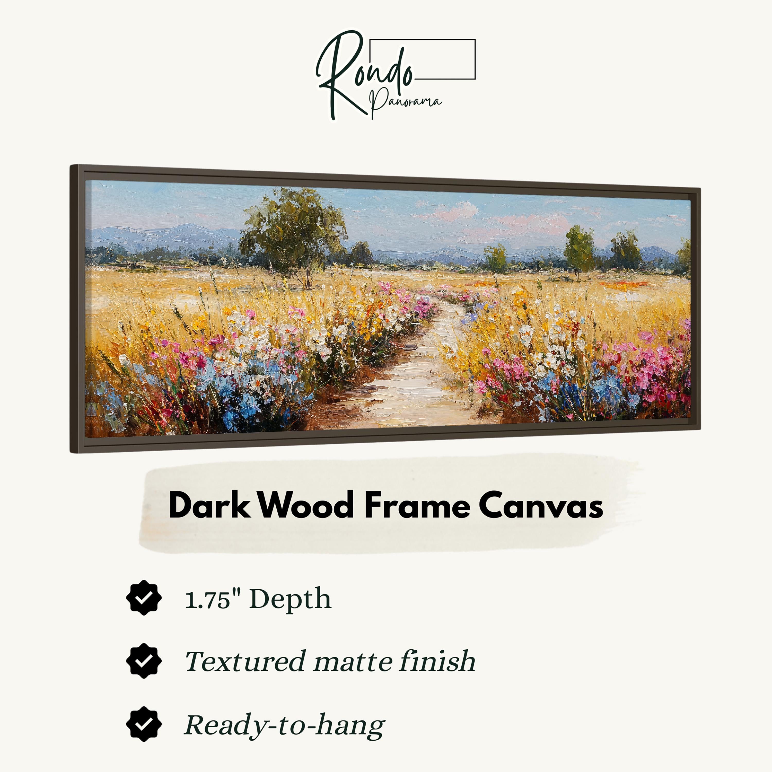 The image is a framed painting depicting a field of flowers with a path leading through it.
