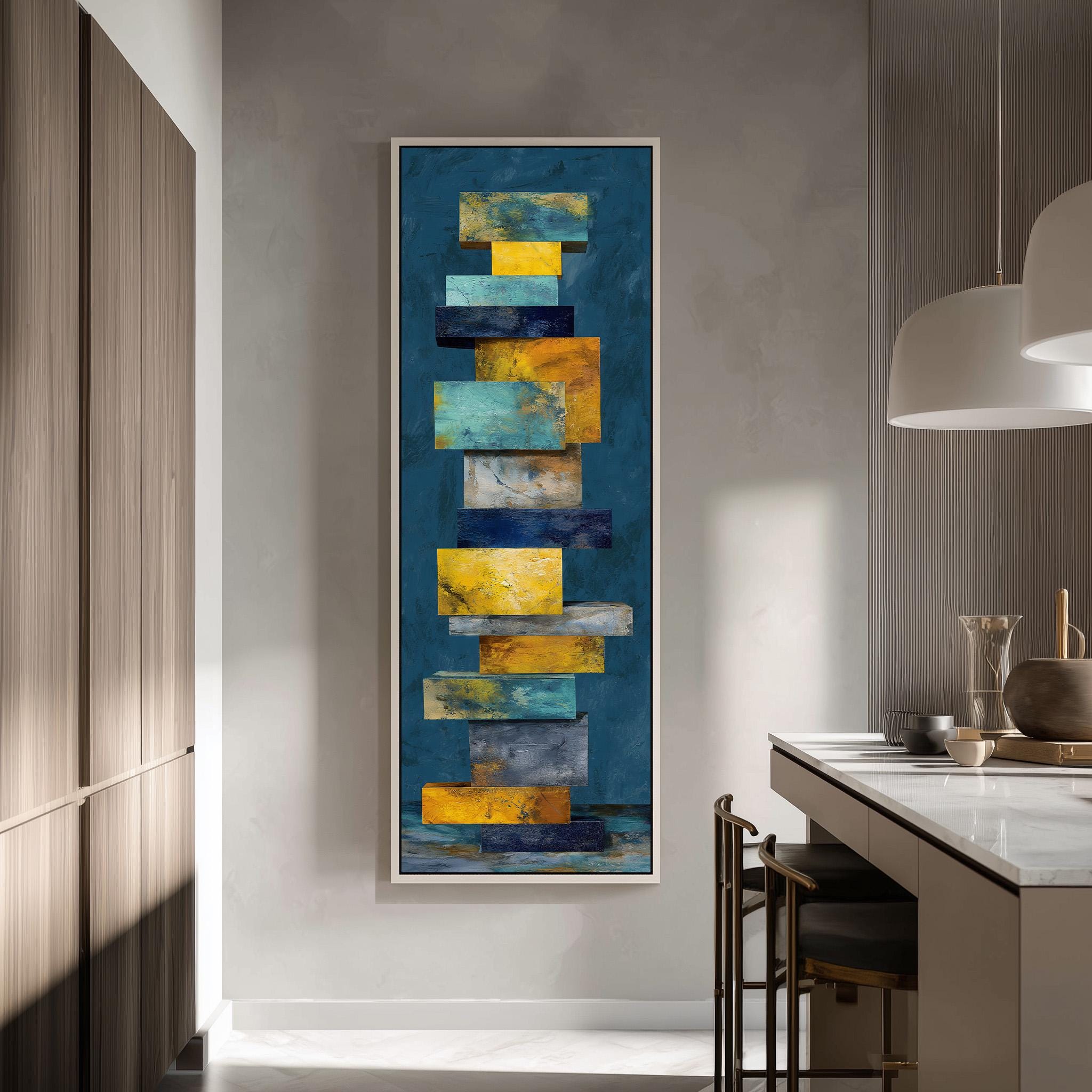 a modern kitchen with a large abstract painting hanging on the wall. The painting consists of various geometric shapes in different colors, creating a visually striking and contemporary design.