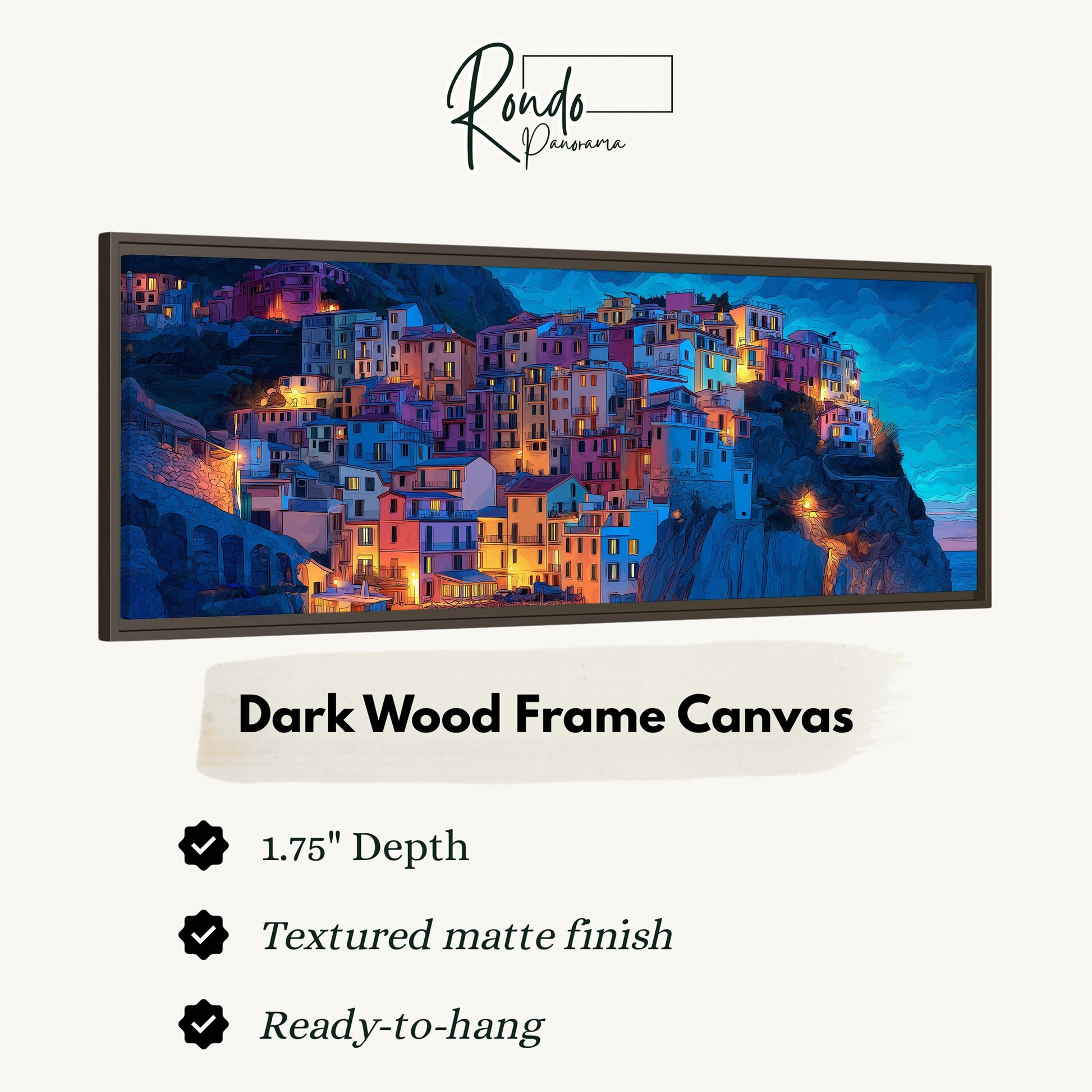 The image is a framed canvas depicting a colorful, densely packed cityscape with buildings illuminated at night.