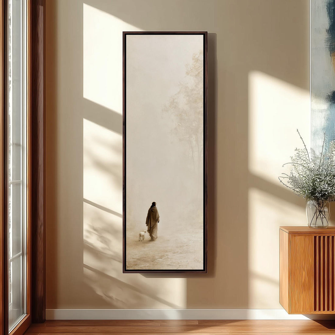 Jesus walking with a lamb in pale mist long vertical canvas print in a sunlit living space