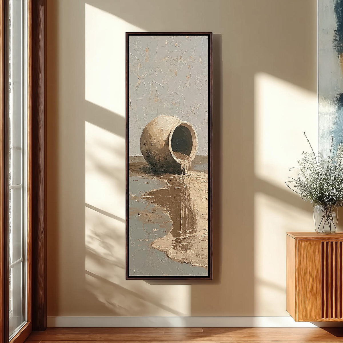 Overflowing clay jug tall narrow canvas print beside a staircase in an entryway
