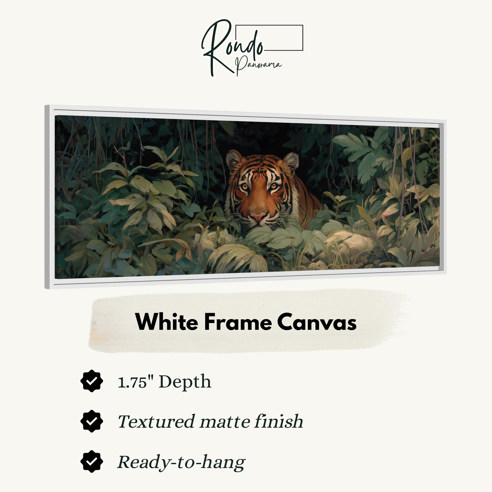 A tiger is peeking out from the foliage in a lush, green jungle setting.