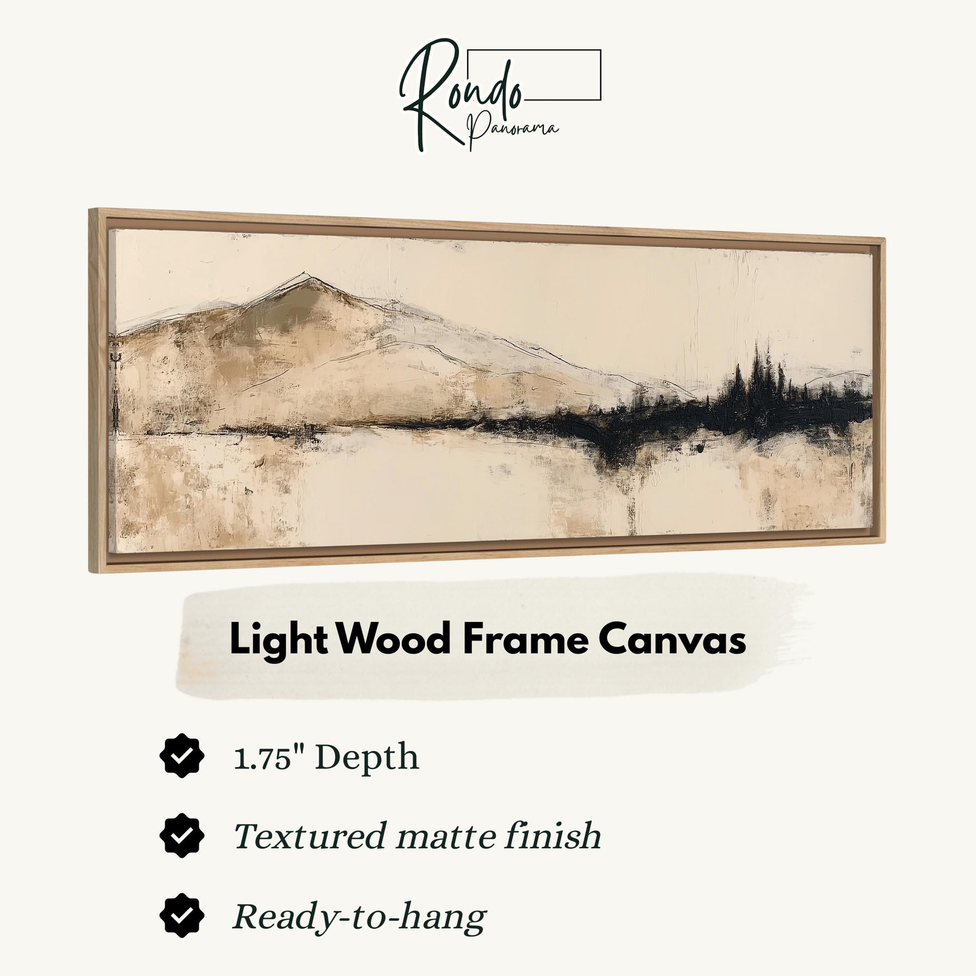 The image is a framed artwork depicting a landscape with mountains and trees.