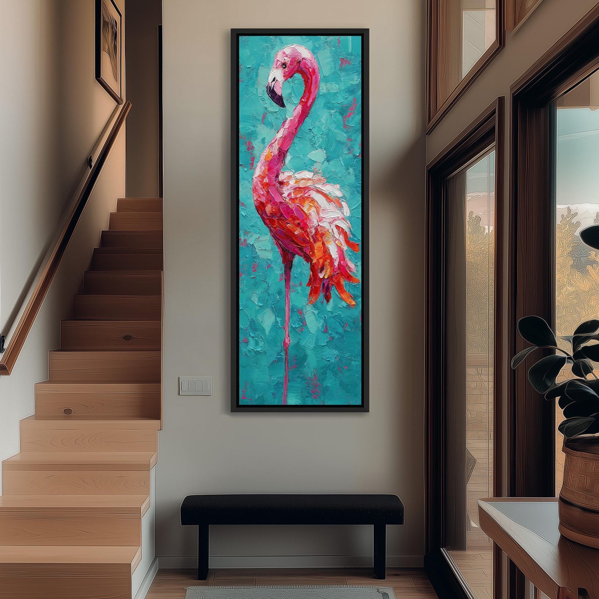 a large, colorful painting of a flamingo hanging on the wall of a hallway.