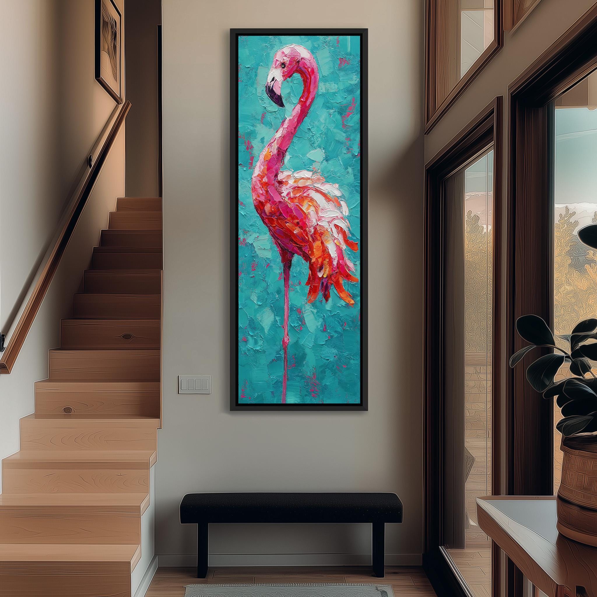 a large, colorful painting of a flamingo hanging on the wall of a hallway.