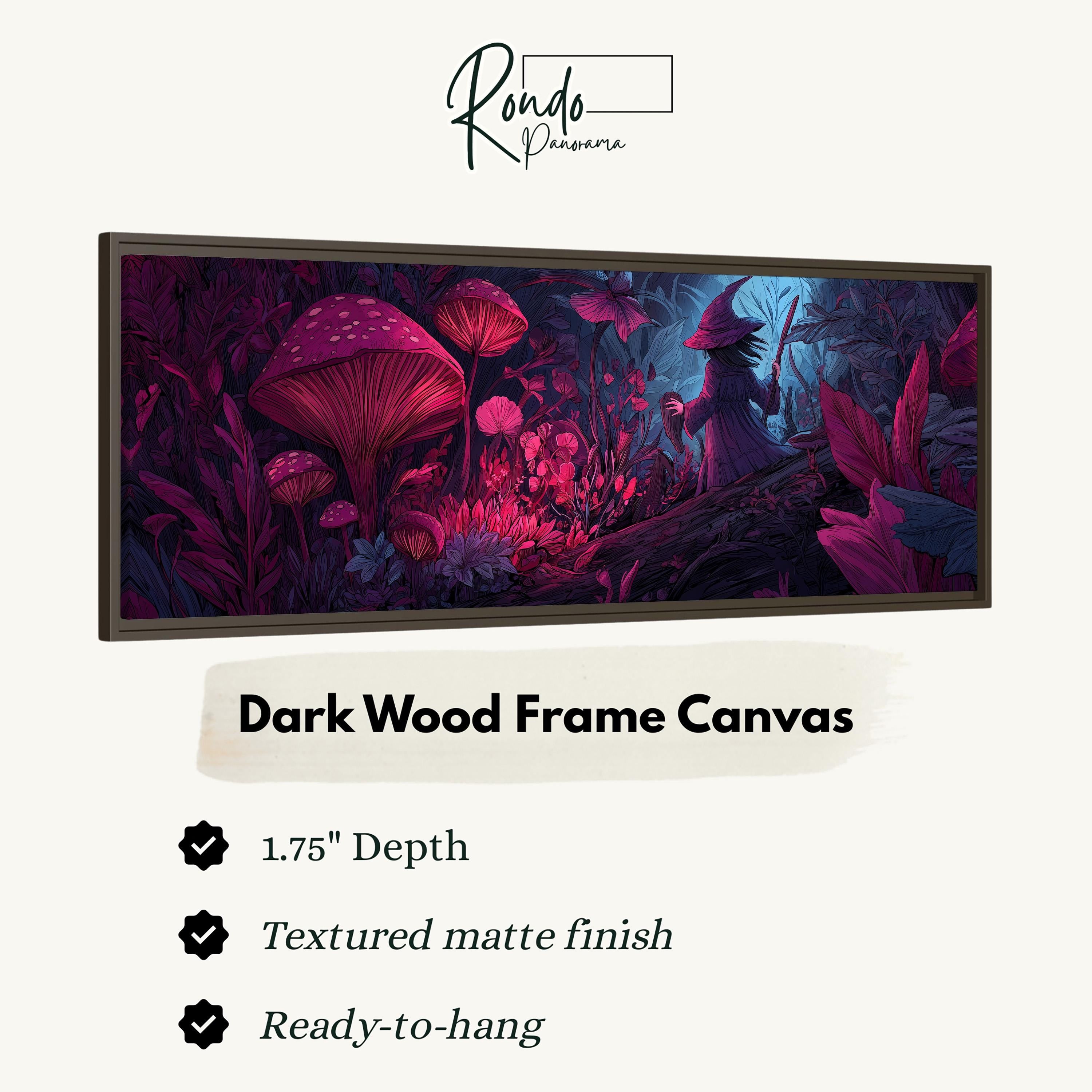 The image is a digital illustration of a mushroom forest with a dark wood frame.
