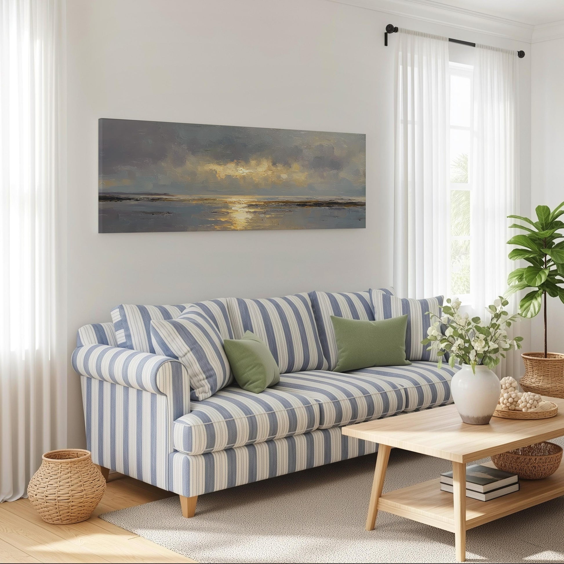 a cozy living room with a striped blue and white sofa, a wooden coffee table, and a large painting of a serene landscape hanging on the wall.