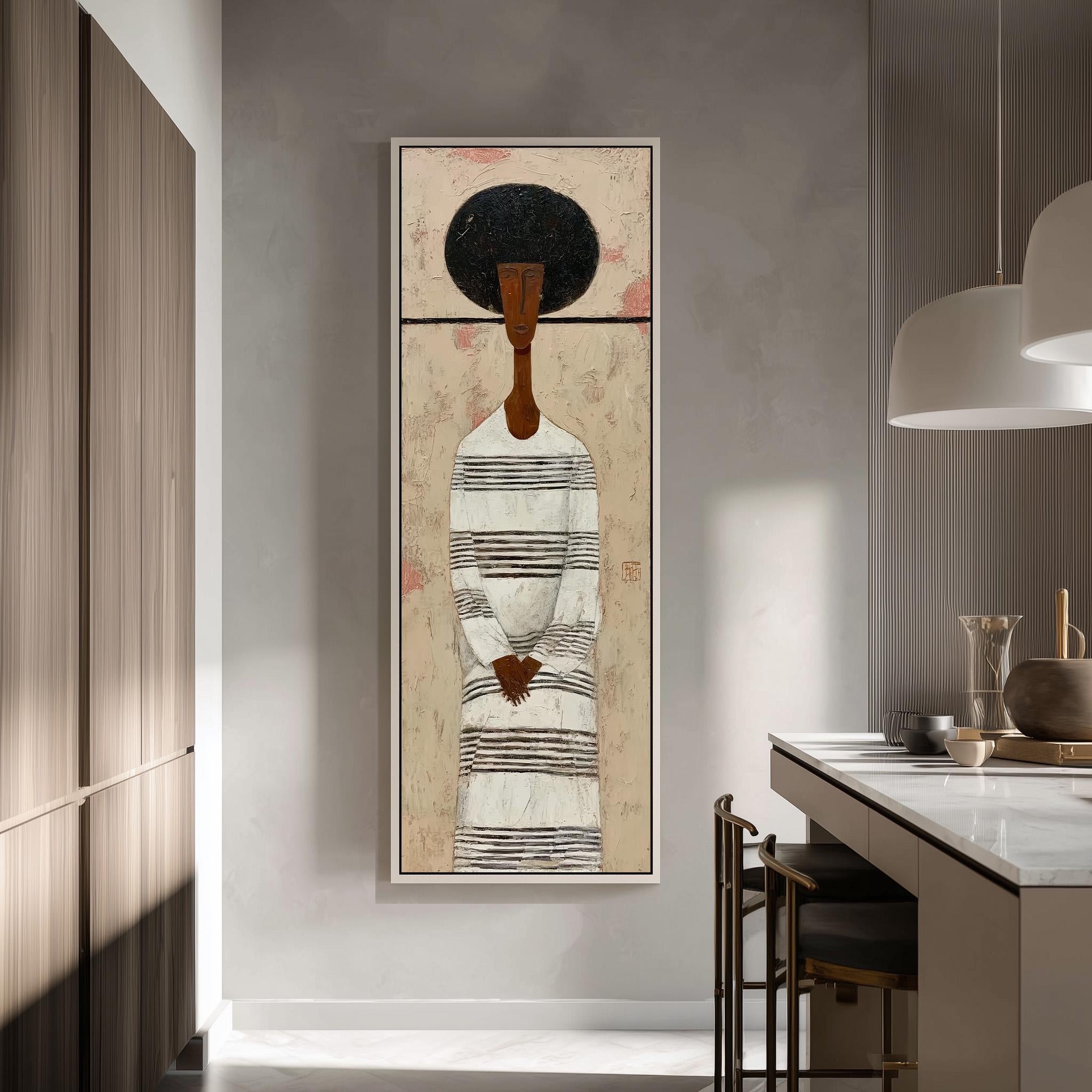 a modern kitchen with a large framed painting of a woman with a black afro hanging on the wall.