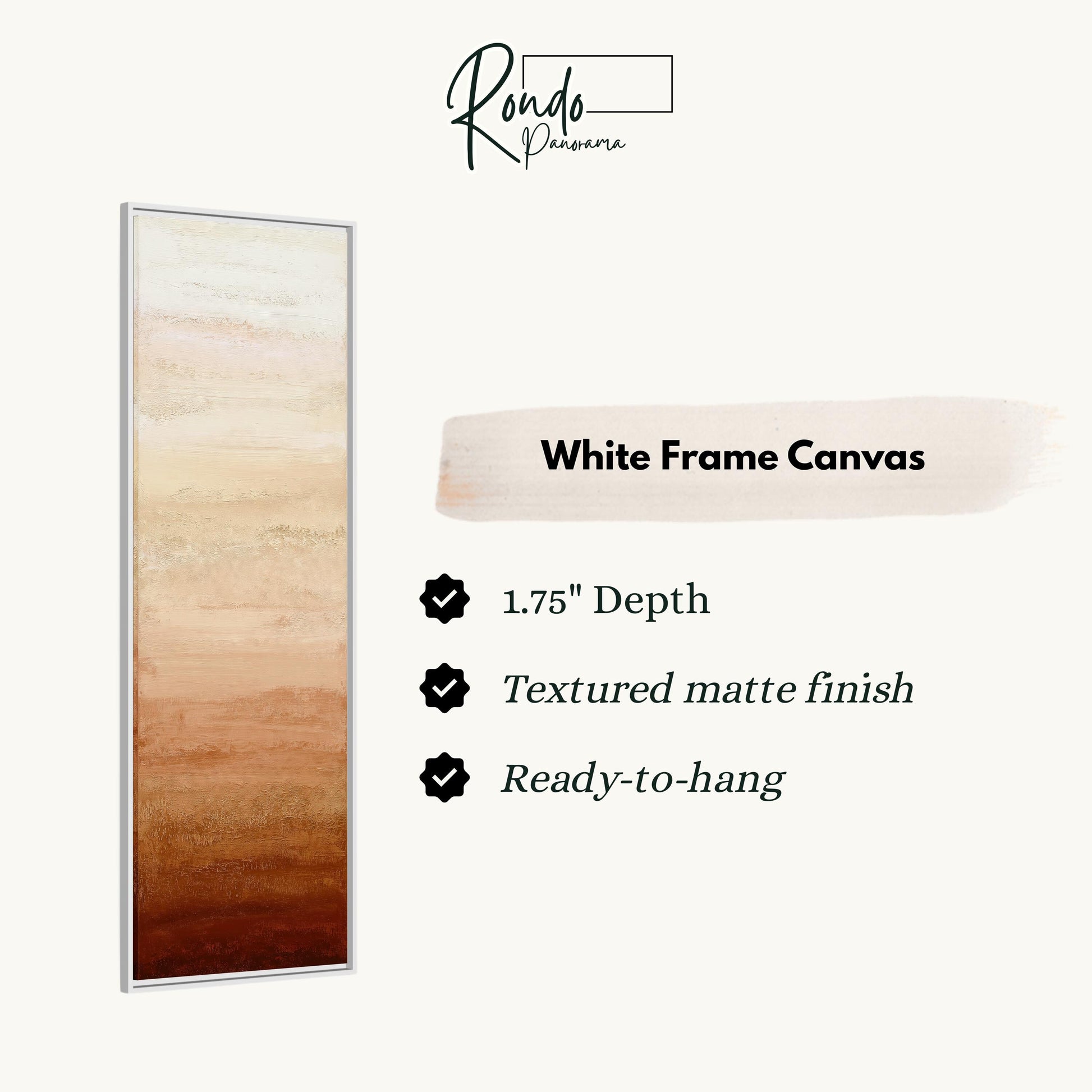 The image is a product description for a white frame canvas. It features a vertical text box with information about the product, including its dimensions, finish, and hanging capabilities.