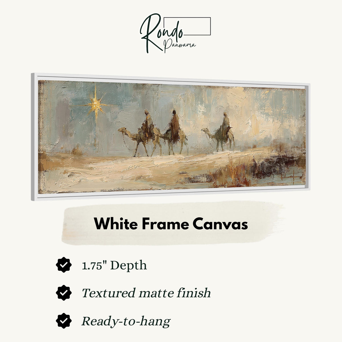 Wise men on camels following the star canvas print in a white floating frame