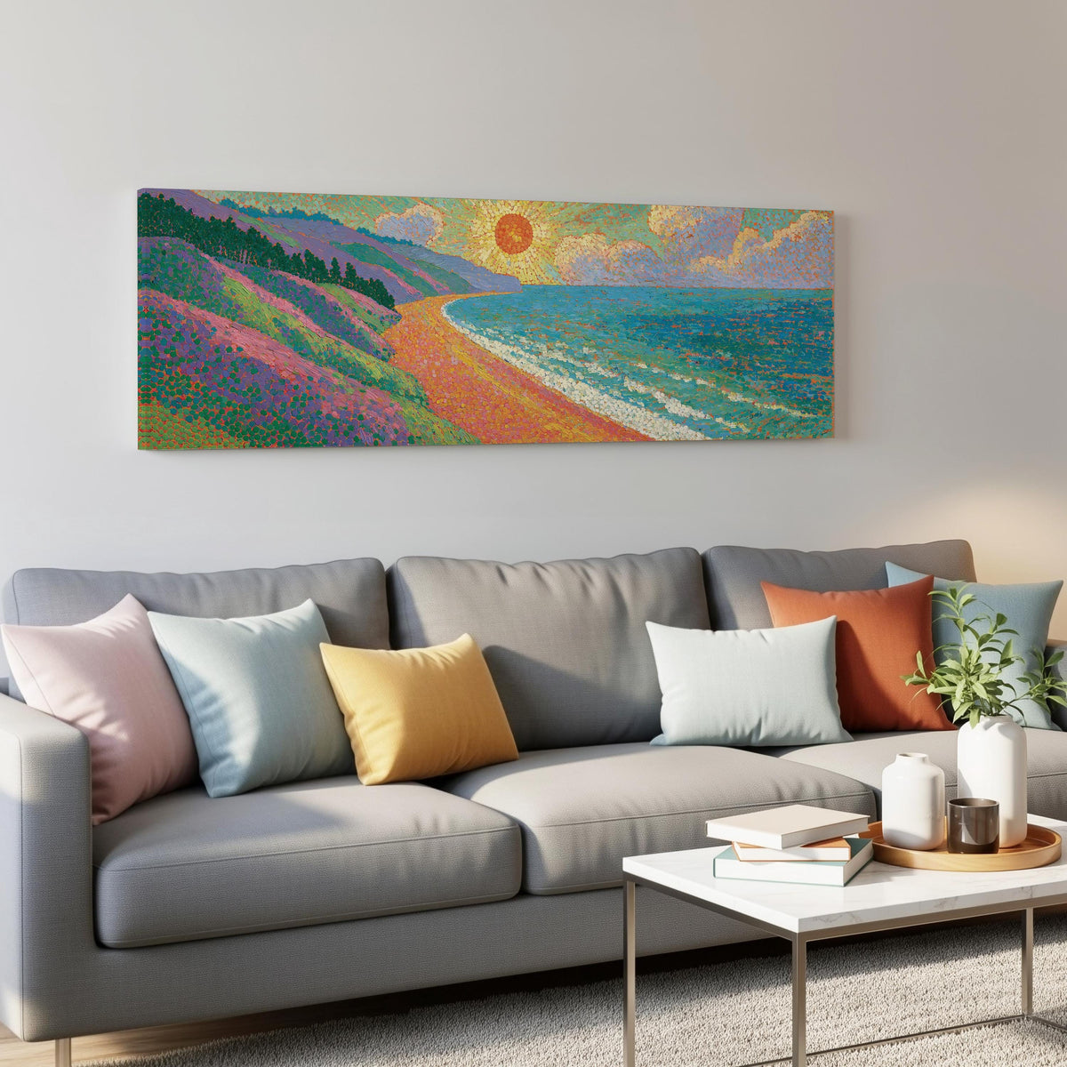 Coastal cliffs at sunset panoramic canvas print above a grey sofa in a living room
