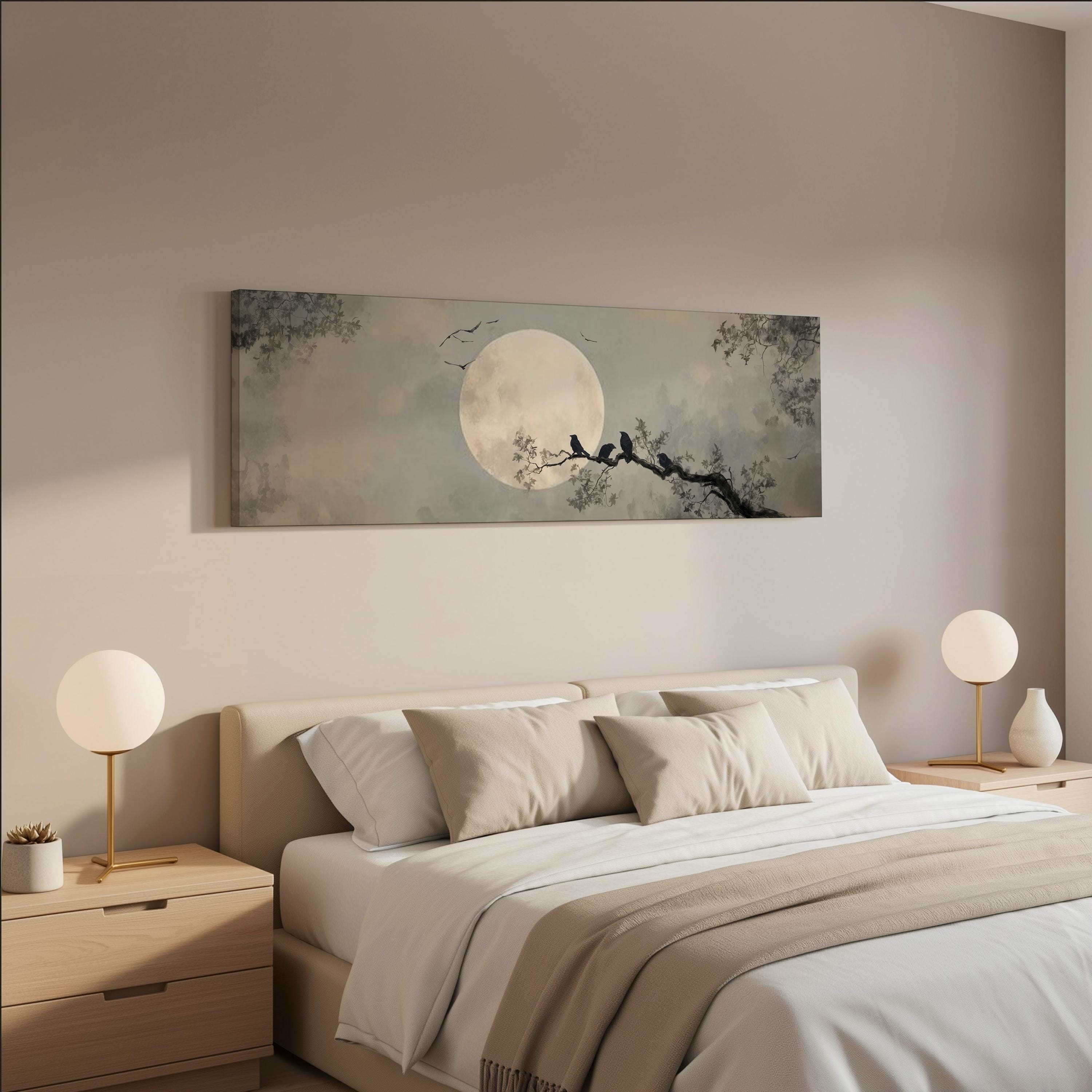 a serene bedroom scene with a large bed, two nightstands with lamps, and a large wall art piece depicting a moonlit tree branch with birds perched on it.