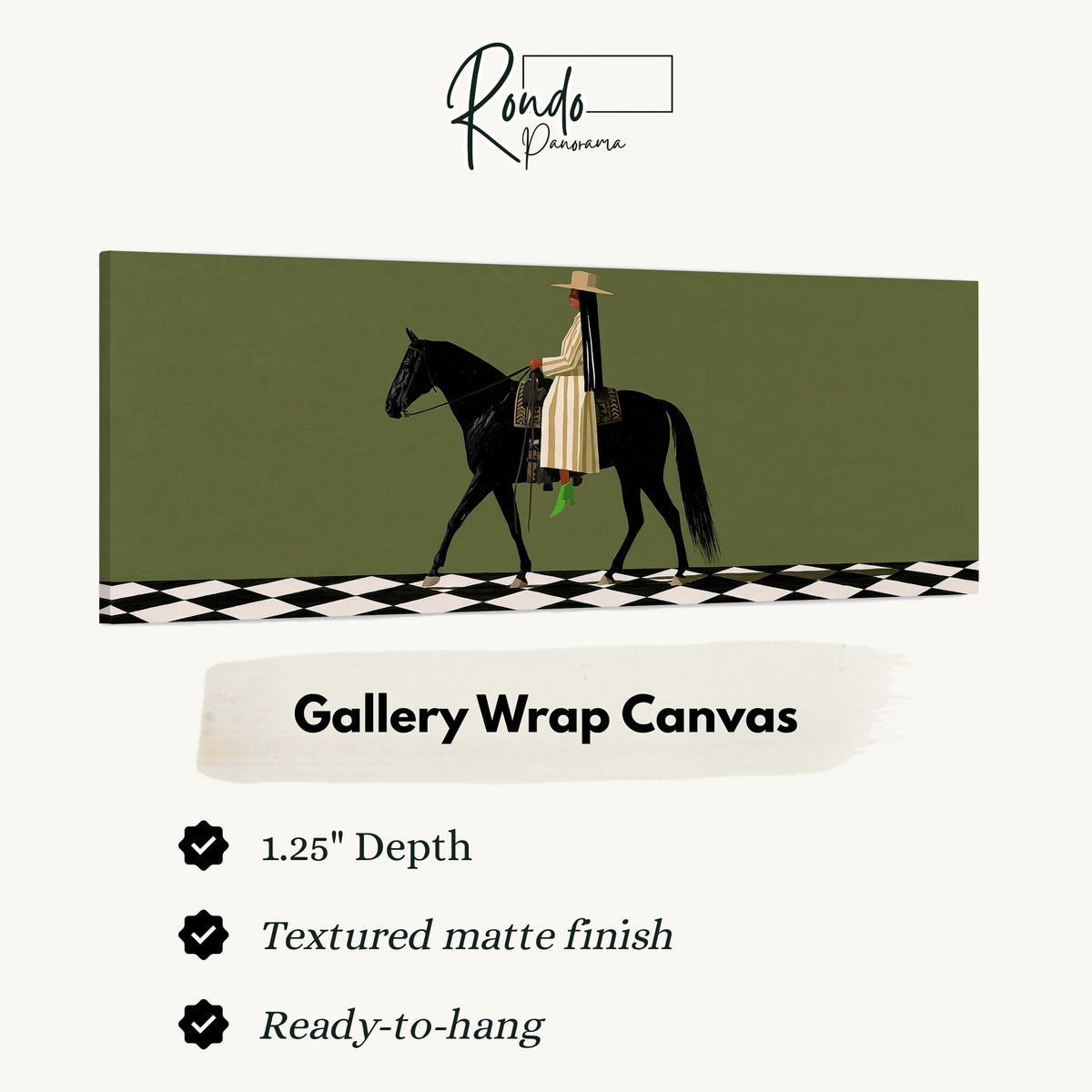 Woman riding a black horse on a checkerboard gallery wrap canvas with the image wrapped around the edges