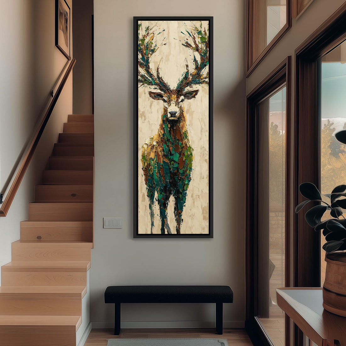 a large painting of a deer with antlers hanging on a wall in a room with a wooden floor and a window.