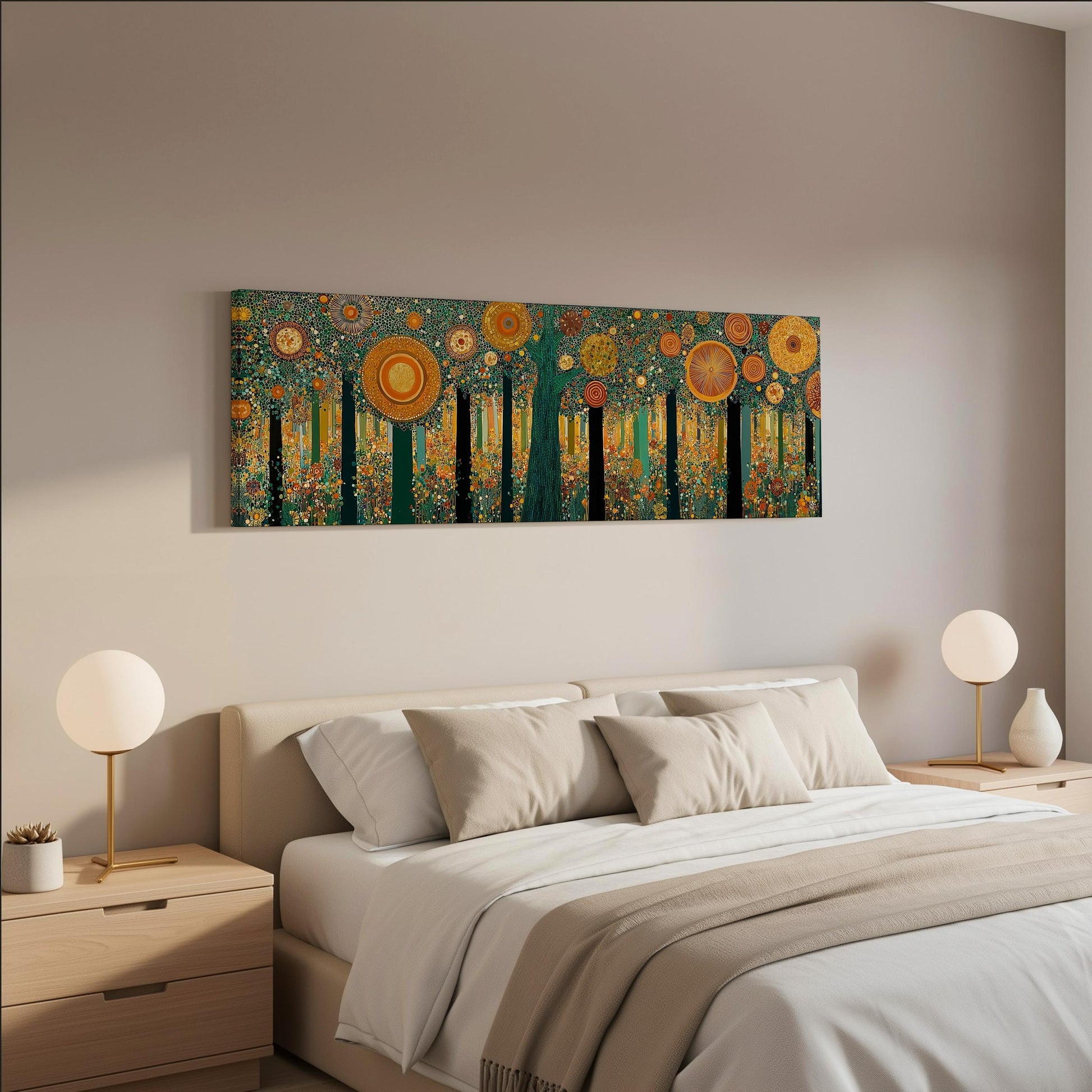 a bedroom with a large bed, two nightstands with lamps, and a painting hanging on the wall above the bed.