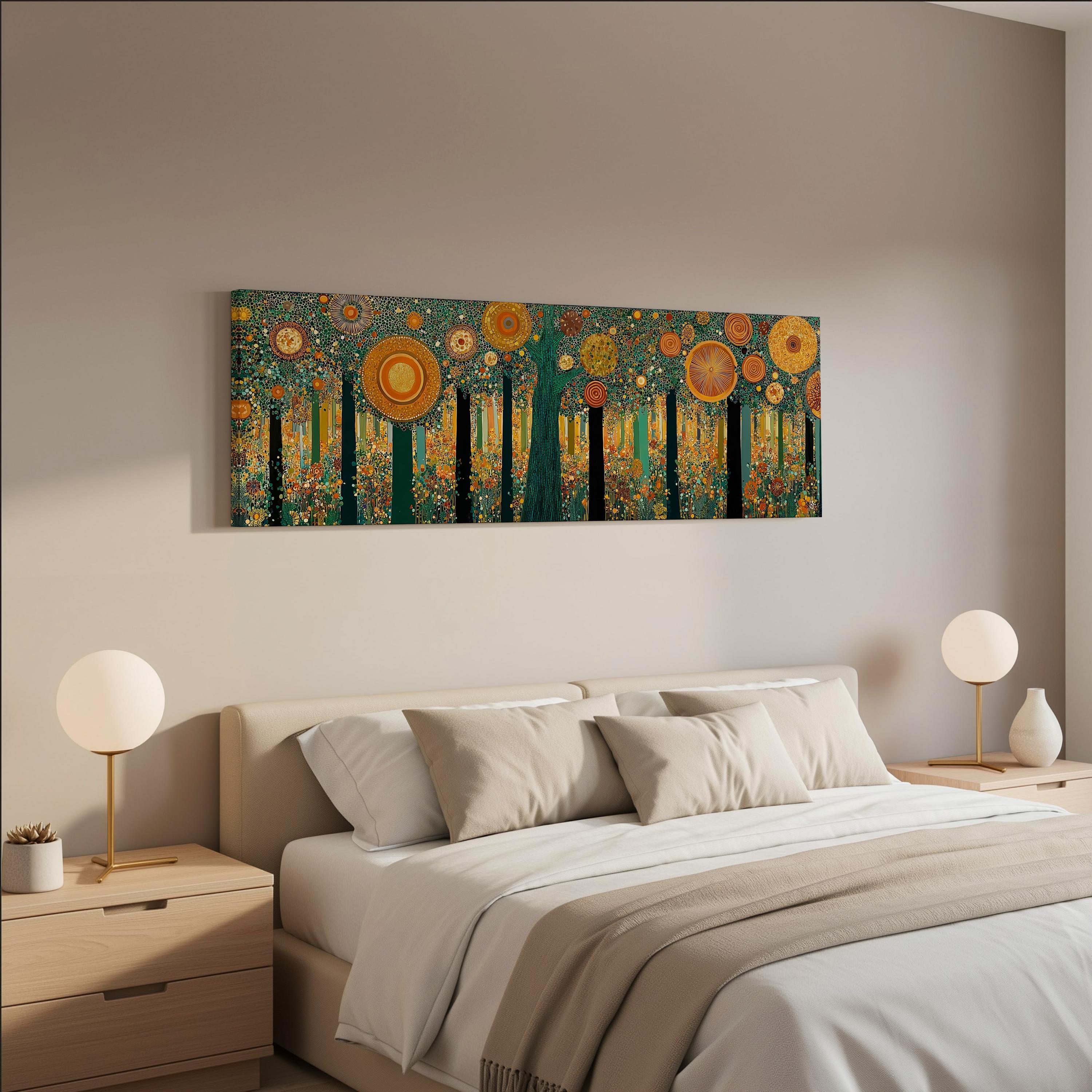 a bedroom with a large bed, two nightstands with lamps, and a painting hanging on the wall above the bed.