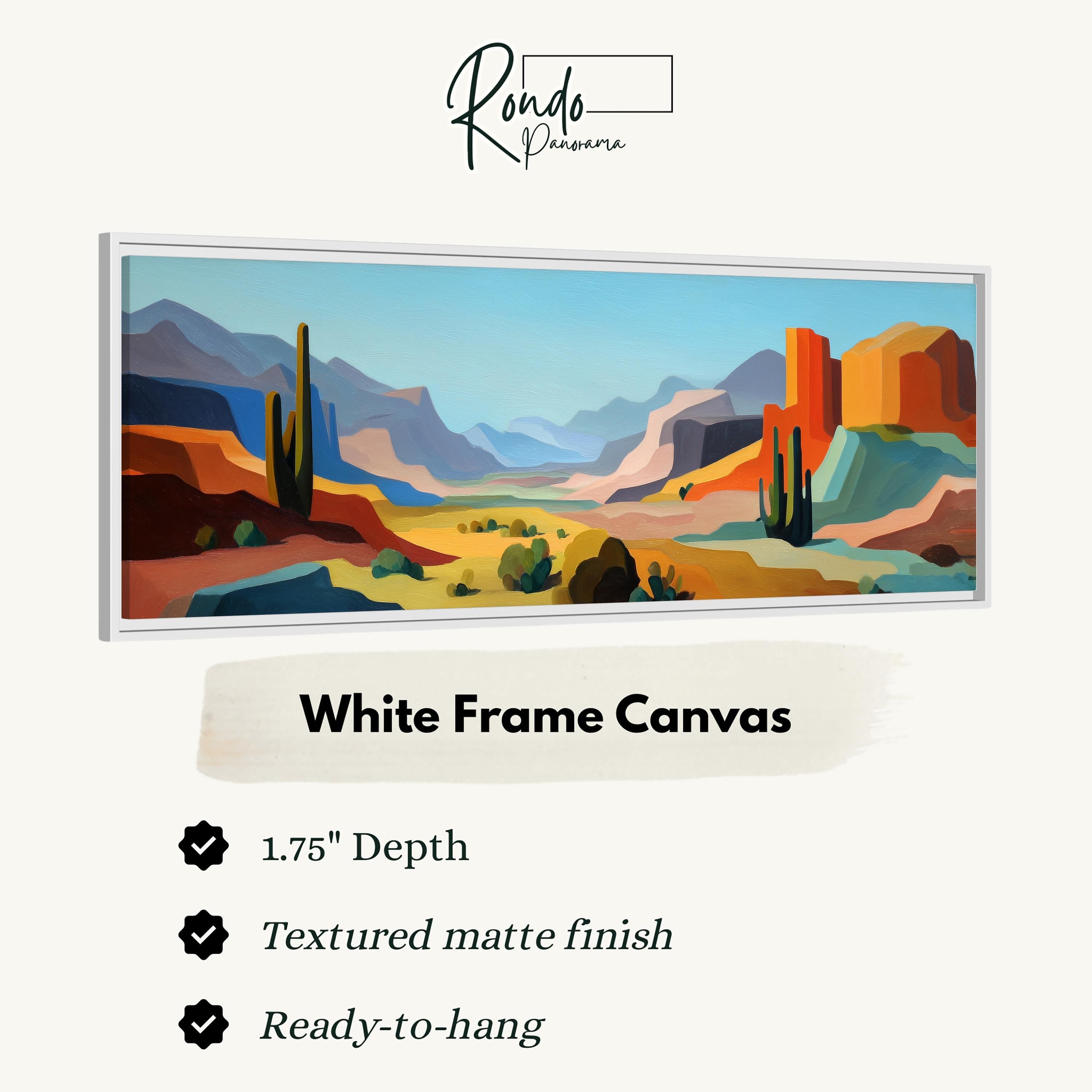 The image is a white frame canvas depicting a desert landscape with mountains, cacti, and a blue sky.