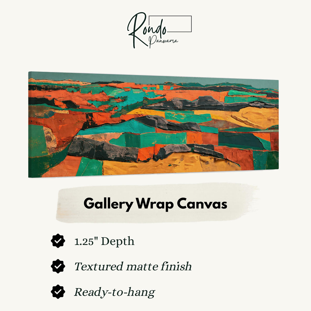Abstract patchwork terrain in orange and teal gallery wrap canvas with the image wrapped around the edges