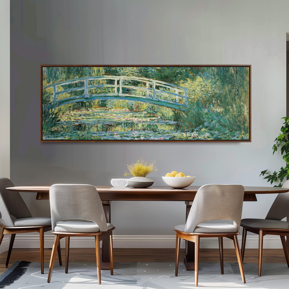 Japanese bridge over a water lily pond long horizontal canvas print above a dining table